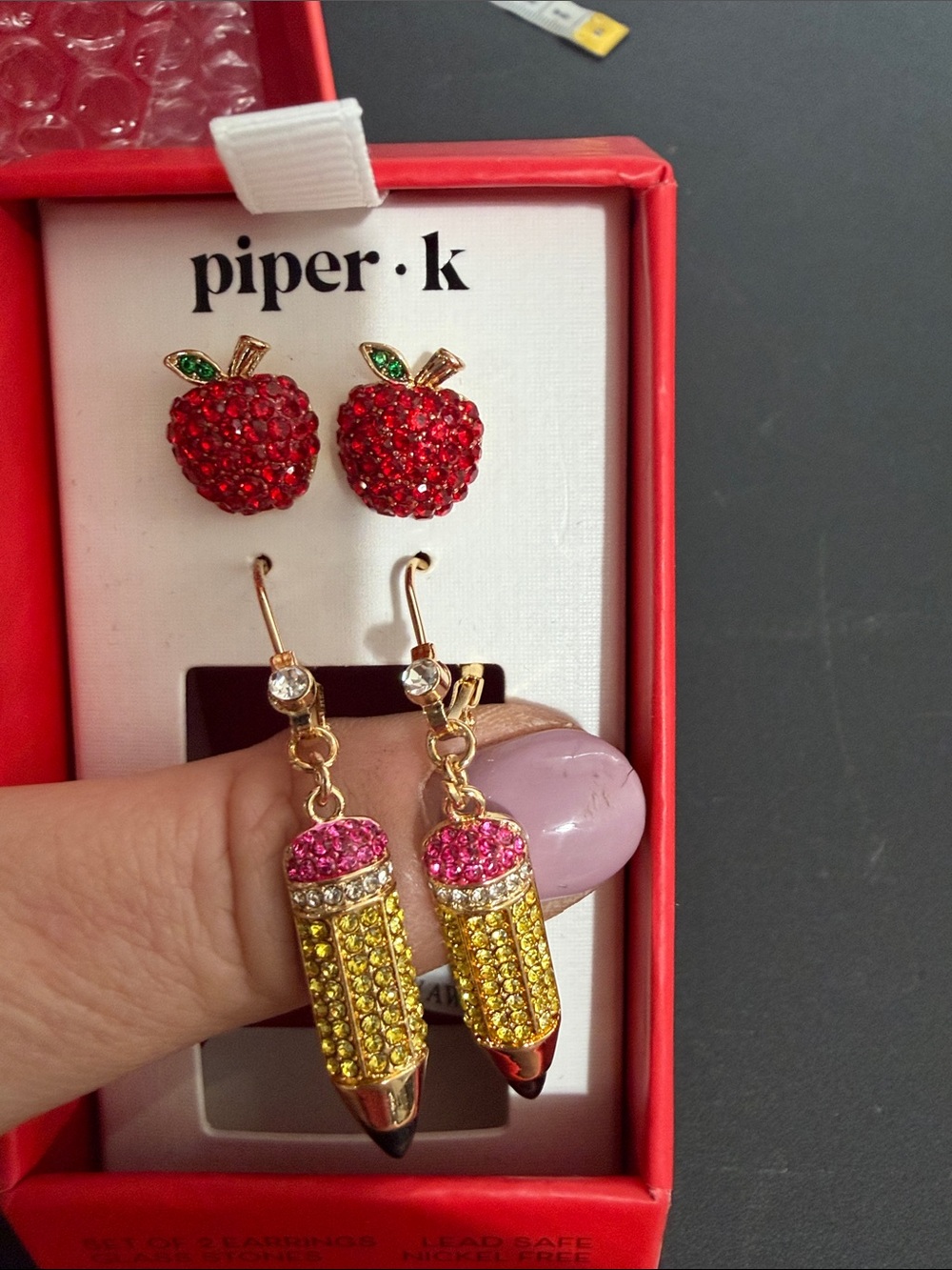 Piper K set of 2 apple post earrings and pencil dangle earrings